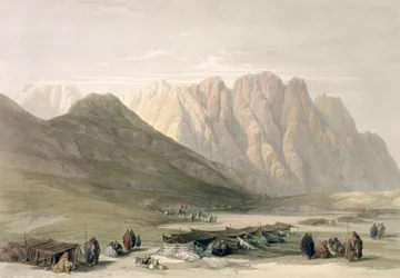 Obozowisko Aulad-Saidów, Góra Synaj, 18 lutego 1839, tablica 110 z tomu III „Ziemia Święta”, sztychowana przez Louisa Haghe (1806-1885) wyd. 1849